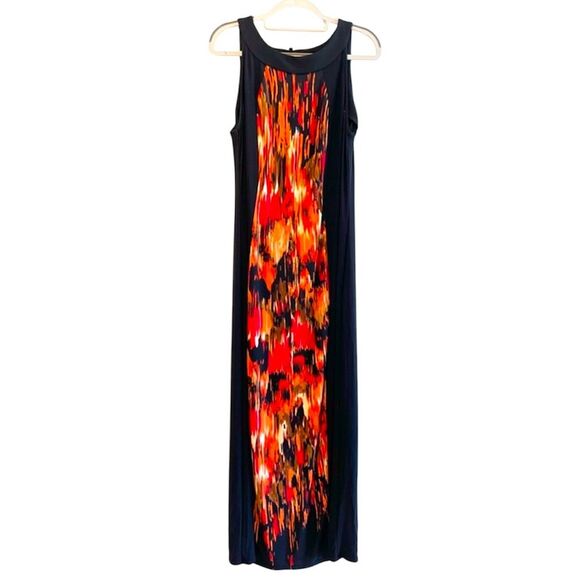 R&M Richards Sleeveless Two Toned Abstract Print Maxi Dress Black Orange Size 12 - Picture 1 of 8